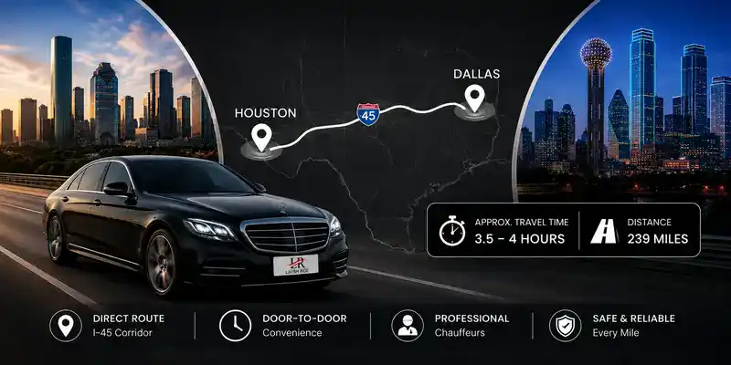 Luxury Mercedes-Benz chauffeur service traveling from Houston to Dallas with a Texas map highlighting the I-45 route, Houston and Dallas skylines, travel time and distance information, and the official Lavish Ride logo displayed on the vehicle's license plate.